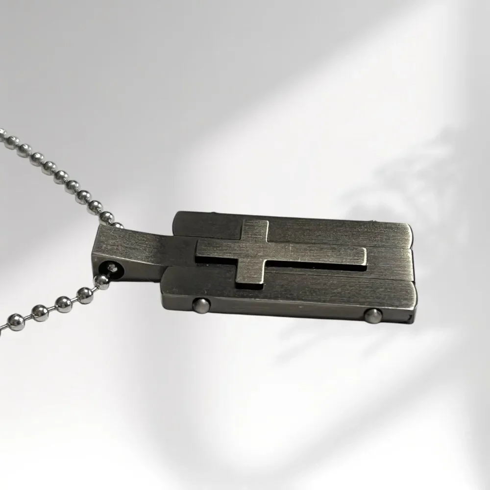 Mens Cross Necklace Dog Tag Chain Gunmetal Stainless Steel Christian Religious